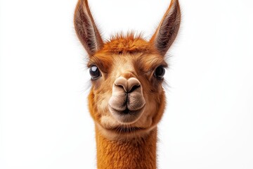 Brown and white llama with a big smile. It has a long neck and a long tail. Llama whit copy space
