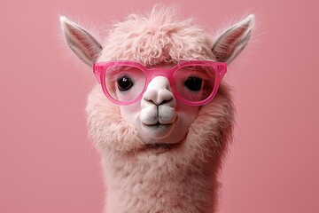 Fototapeta premium White llama with a pink background. The llama has a pink nose and is looking at the camera. Llama in a solid colour background copy space