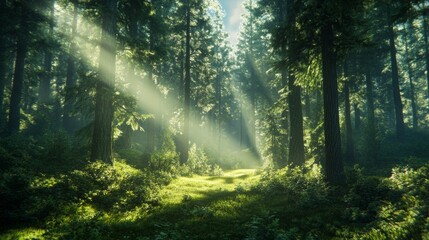 Obraz premium Realistic forest landscape with rays of sunlight shining through the trees,