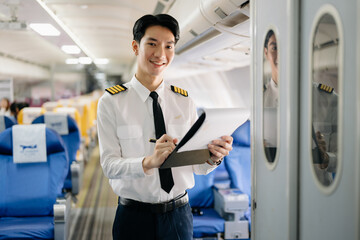 Asian Confident male pilot in uniform leaning at the passenger seat while standing inside of the...