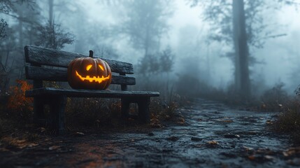 Haunted forest with glowing Jack O' Lanterns' eyes near an old wooden bench and misty atmosphere