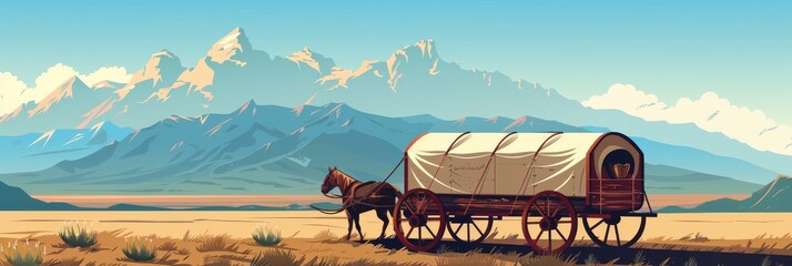 American Pioneers Wagon with Tent, Old Wooden Emigrant Carriage, Wild West Cart Flat