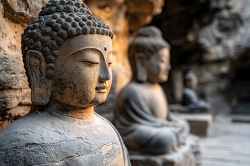 closeup of a weathered ancient buddha statue in a mountain background