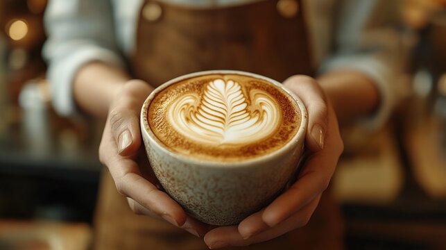 barist holding, preparing cappuccino latte art bartender in apron preparing coffee drink