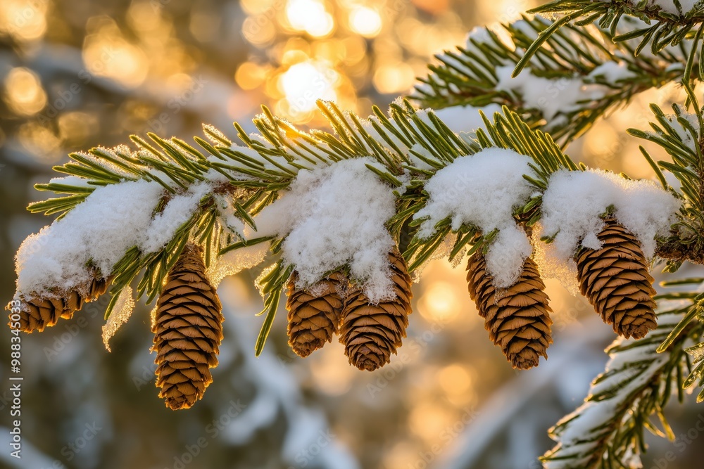 Poster branch of pine trees covered in snow. the pine cones are brown and covered in snow. close-up of snow
