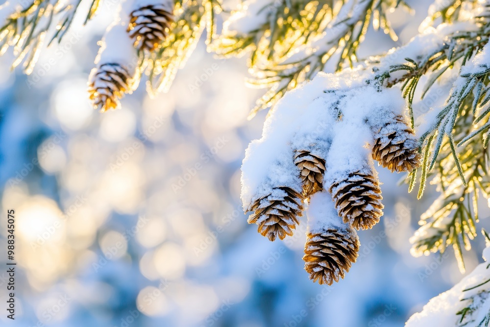 Poster branch of pine trees covered in snow. the pine cones are brown and covered in snow. close-up of snow