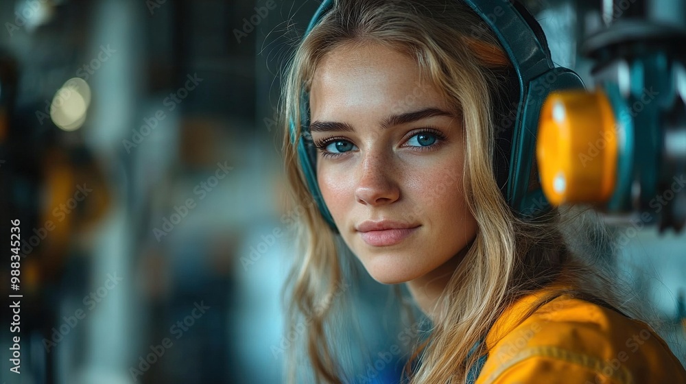 Canvas Prints beautiful blonde woman works as welder in workshop drinking water from glass wearing protective clothing, welding mask