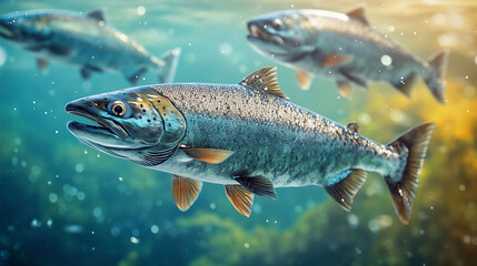 Fototapeta premium Salmon swimming on the surface of fish farm. fish. Illustrations 