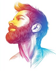 Line art illustration featuring a rainbow gradient drawing of a bearded cartoon man
