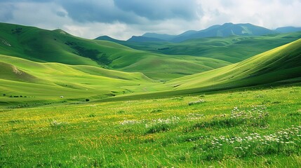 A glorious display of beautiful scenery with natural beauty and expansive grasslands. The grasslands are a vivid green, stretching as far as the eye can see. There are wildflowers dotting the landscap