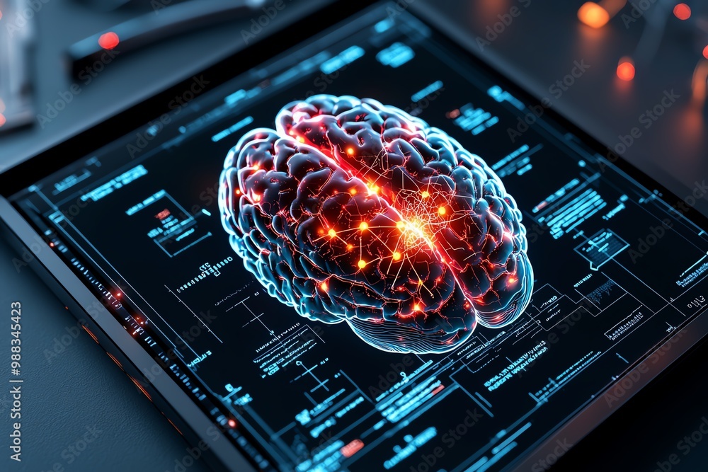 Poster futuristic brain scan with holographic overlays, showing neural activity, ai connections, and glowin
