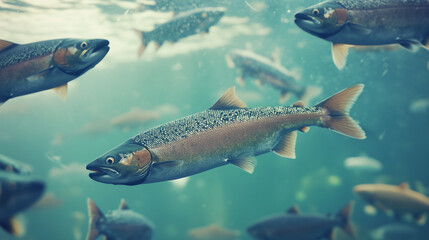 Fototapeta premium Salmon swimming on the surface of fish farm. fish. Illustrations 