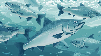 Obraz premium Salmon swimming on the surface of fish farm. fish. Illustrations 