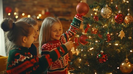Group of joyful children wearing colorful Christmas sweaters, decorating a sparkling Christmas tree with ornaments and tinsel in a cozy living room filled with warm lights.