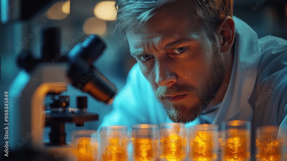 Poster biotech researcher using advanced computer software. the scientific experiment room is full of instr