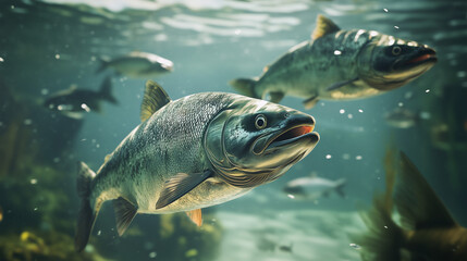 Obraz premium Salmon swimming on the surface of fish farm. fish. Illustrations 