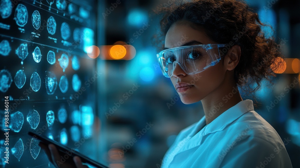 Poster biotech researcher using advanced computer software. the scientific experiment room is full of instr