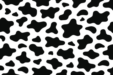 Cow print seamless pattern vector, animal print with skin spot texture. Abstract black shapes design or cow black spots on white background.