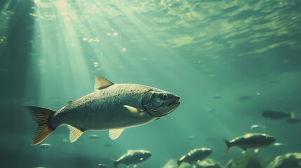 Salmon swimming on the surface of fish farm. fish. Illustrations
