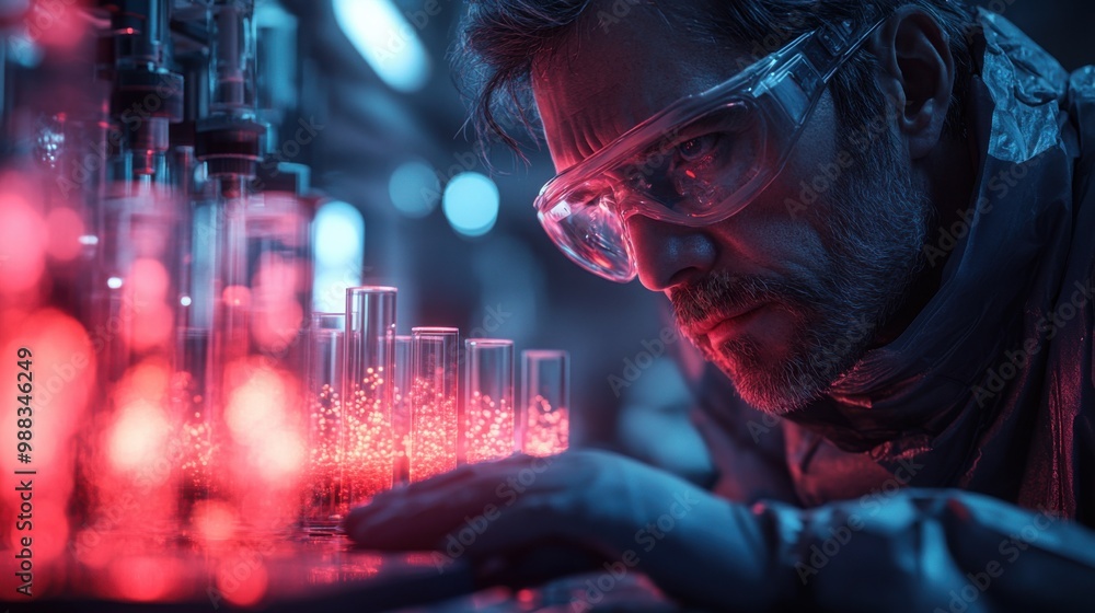 Poster biotech researcher using advanced computer software. the scientific experiment room is full of instr