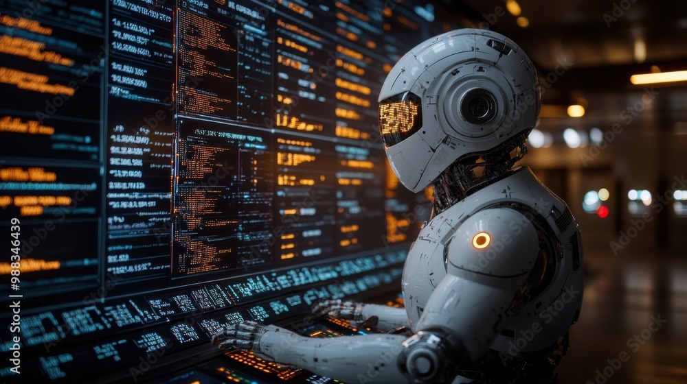 Poster illustration of a virtual robot in a stock trading area controlled by a robot under modern technolog