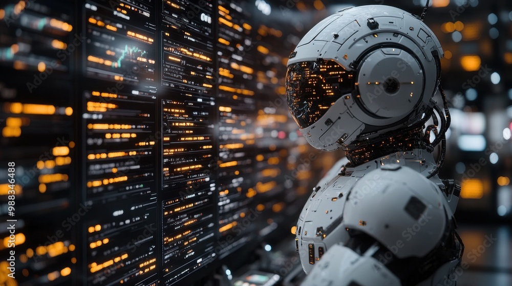 Poster illustration of a virtual robot in a stock trading area controlled by a robot under modern technolog