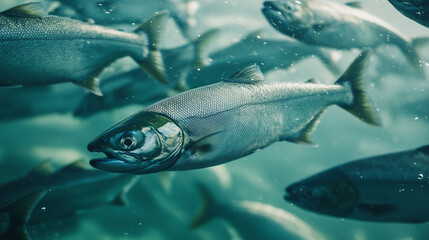 Salmon swimming on the surface of fish farm. fish. Illustrations
