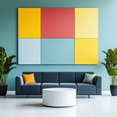 Modern living room with colorful wall art and stylish furniture