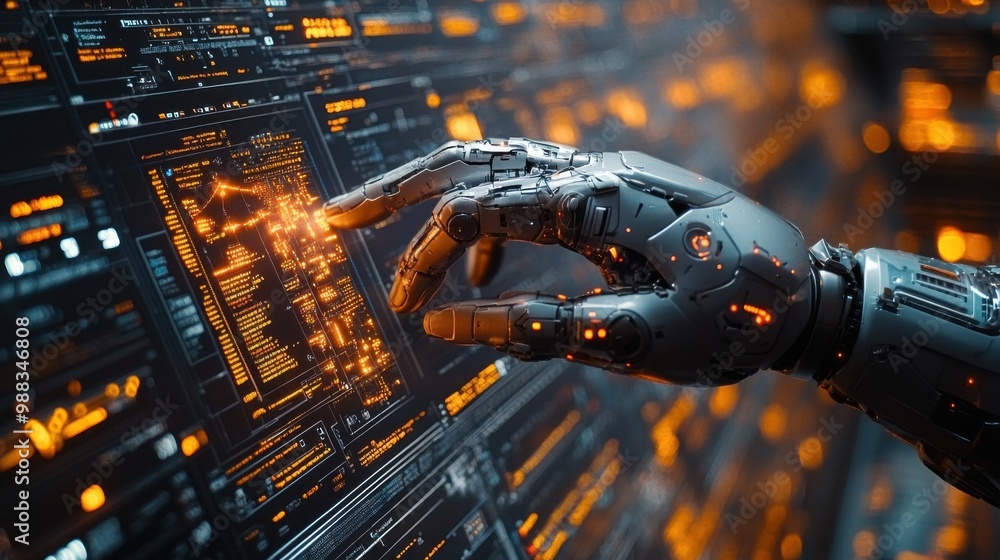 Poster illustration of a virtual robot in a stock trading area controlled by a robot under modern technolog