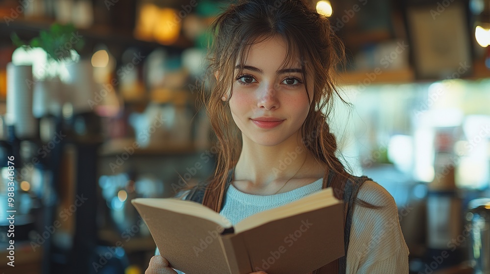 Poster beautiful female barist studying during part time work in coffee shop university student reading sch