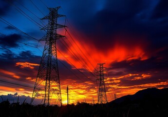 Fototapeta premium High-voltage towers at sunset in a rural area of Thailand
