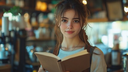 beautiful female barist studying during part time work in coffee shop university student reading school notes while cafe is empty