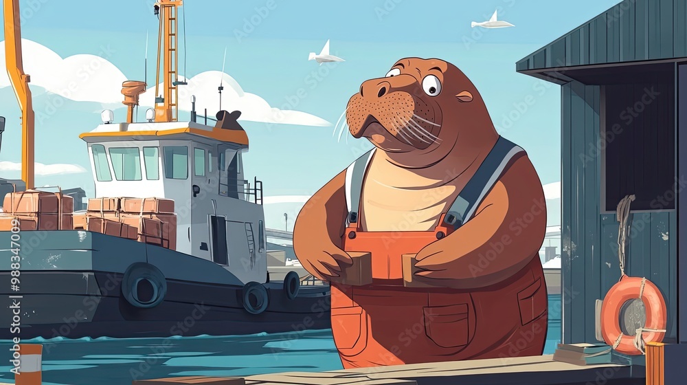 Poster a walrus in orange overalls standing by a dock with a boat in the background