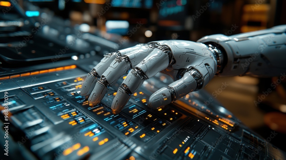 Poster illustration of a virtual robot in a stock trading area controlled by a robot under modern technolog