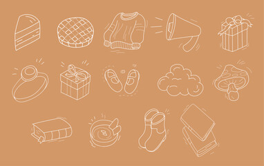 Autumn cute kawaii line art set