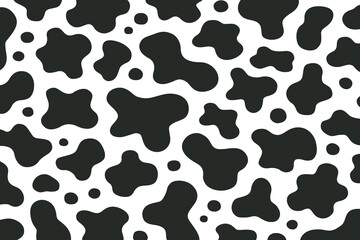 Vector cow print pattern background. Black irregular patches on white backdrop. Abstract cows skin texture illustration. Hand drawn design. Farm animal print