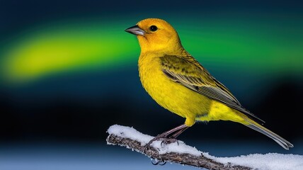 A vibrant yellow bird perched on a snowy branch against a stunning aurora borealis background.