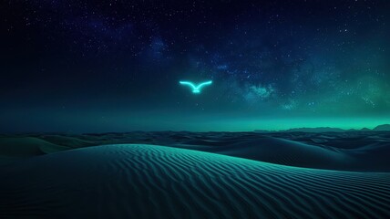 An ethereal night scene in a desert landscape, featuring waves of sand under a starry sky with a glowing figure above.