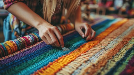 A woman weaves a colorful rug. This image can be used to illustrate concepts of craftsmanship, handmade goods, or traditional techniques.