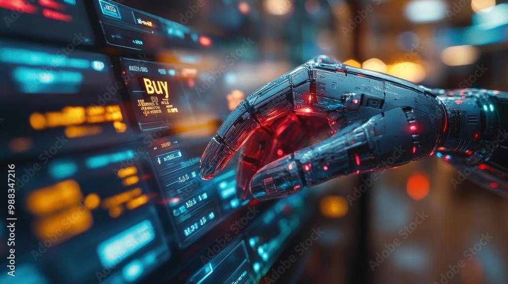 Poster illustration of a virtual robot in a stock trading area controlled by a robot under modern technolog