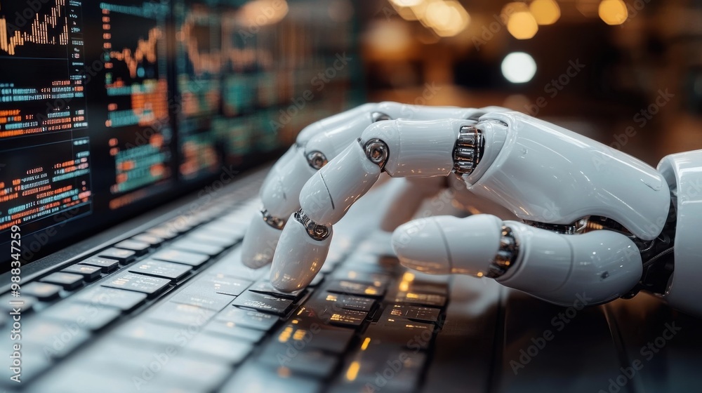 Poster illustration of a virtual robot in a stock trading area controlled by a robot under modern technolog