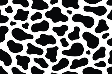 Fototapeta premium Vector cow print pattern background. Black irregular patches on white backdrop. Abstract cows skin texture illustration. Hand drawn design. Farm animal print