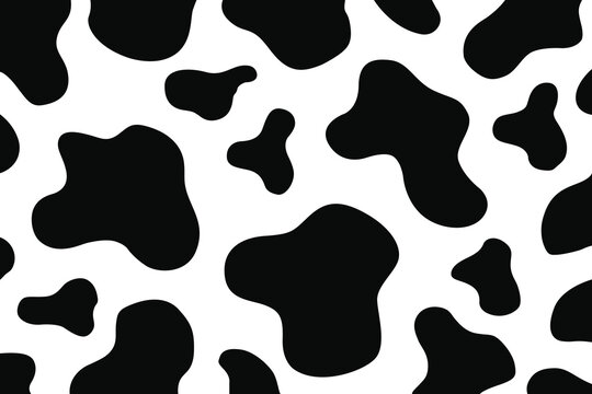 Vector cow print pattern background. Black irregular patches on white backdrop. Abstract cows skin texture illustration. Hand drawn design. Farm animal print