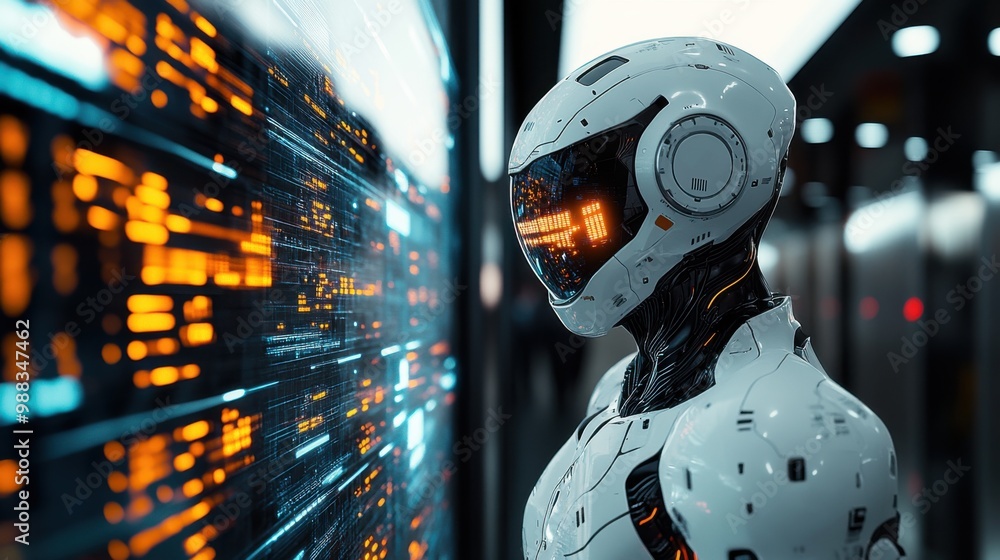 Poster illustration of a virtual robot in a stock trading area controlled by a robot under modern technolog