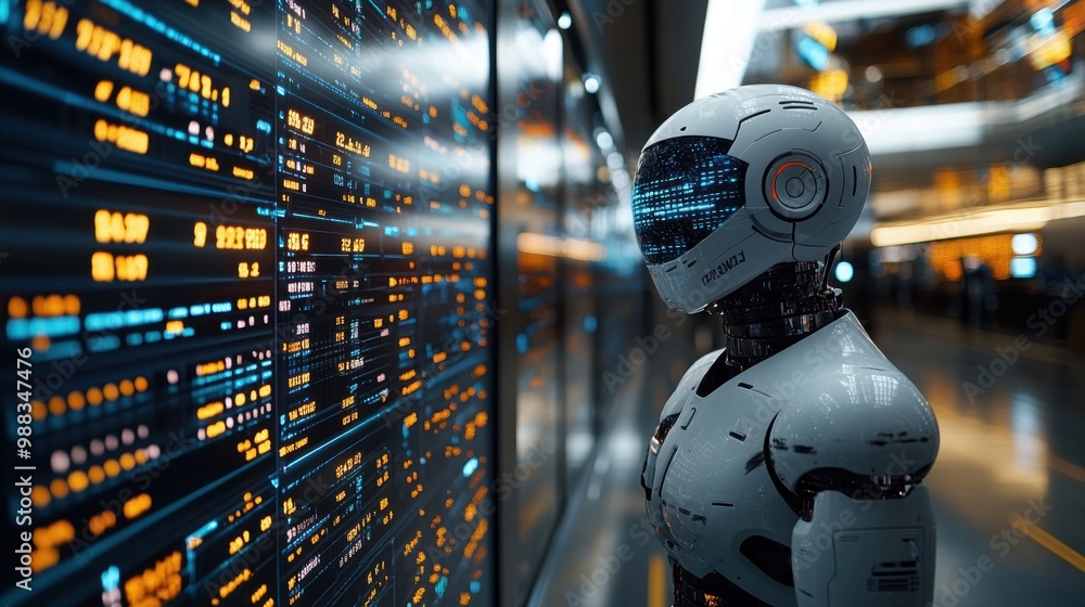 Poster illustration of a virtual robot in a stock trading area controlled by a robot under modern technolog