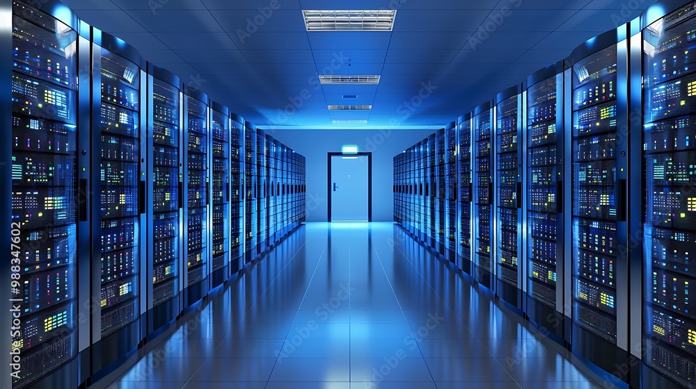 Poster server room with rows of data storage units, showcasing the modern data center infrastructure.