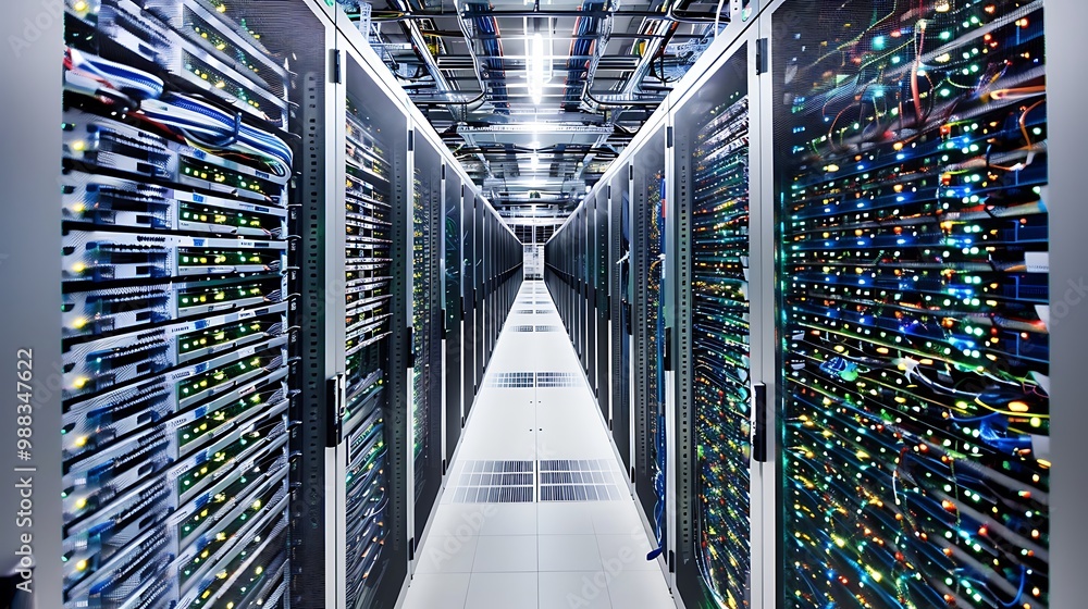 Poster a view inside a data center with rows of server racks.
