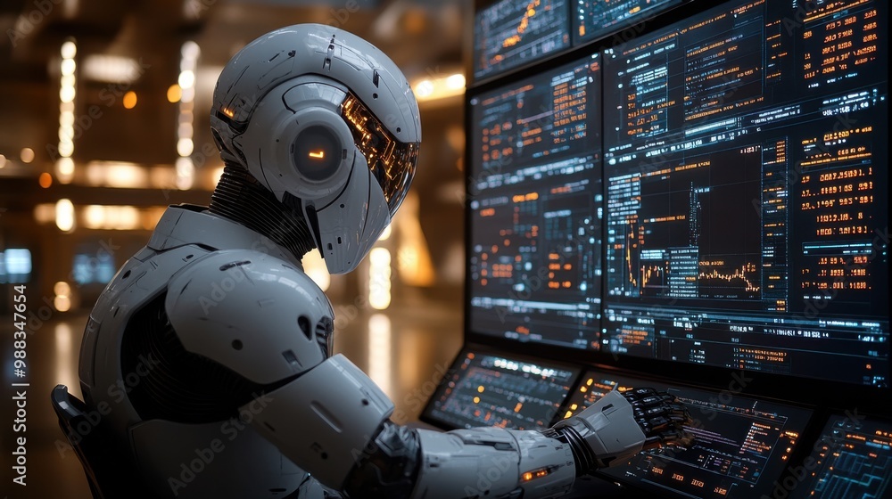 Poster illustration of a virtual robot in a stock trading area controlled by a robot under modern technolog