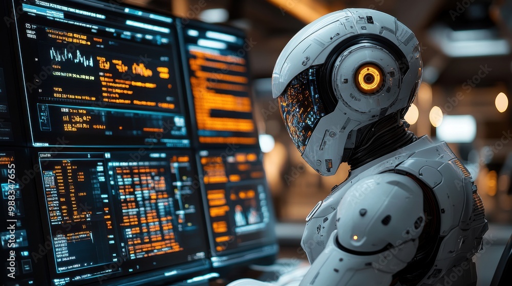 Poster illustration of a virtual robot in a stock trading area controlled by a robot under modern technolog