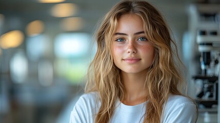 Obraz premium beautiful high school student with microscope in laboratory